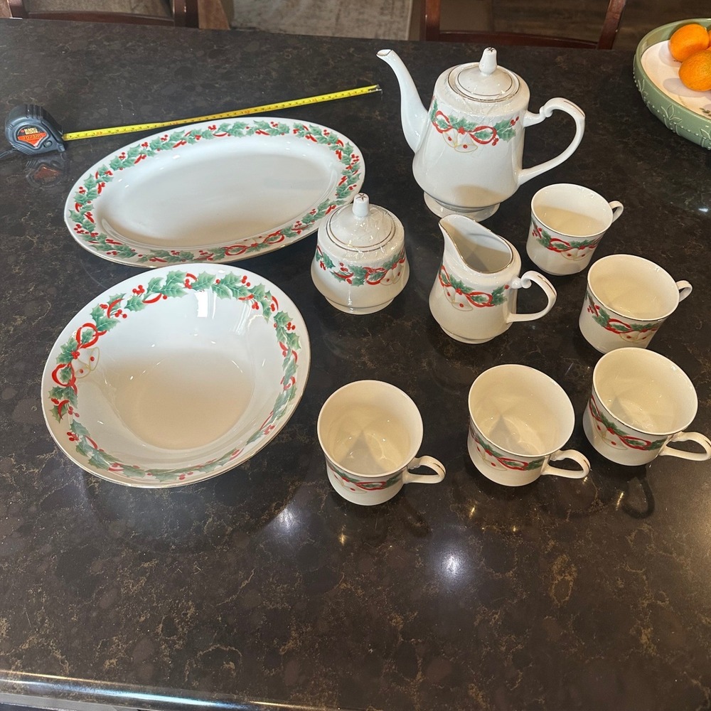 Sango China Christmas Holiday Tea Set Teapot Platter Bowl Cups Holly Bells 10pc